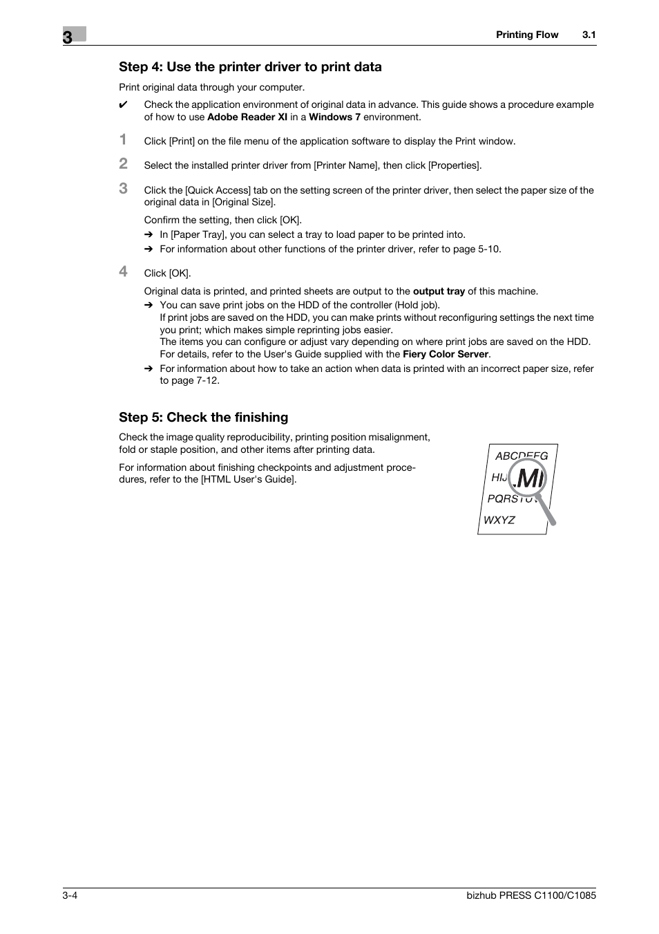 Step 4: use the printer driver to print data, Step 5: check the finishing | Konica Minolta bizhub PRESS C1085 User Manual | Page 28 / 128