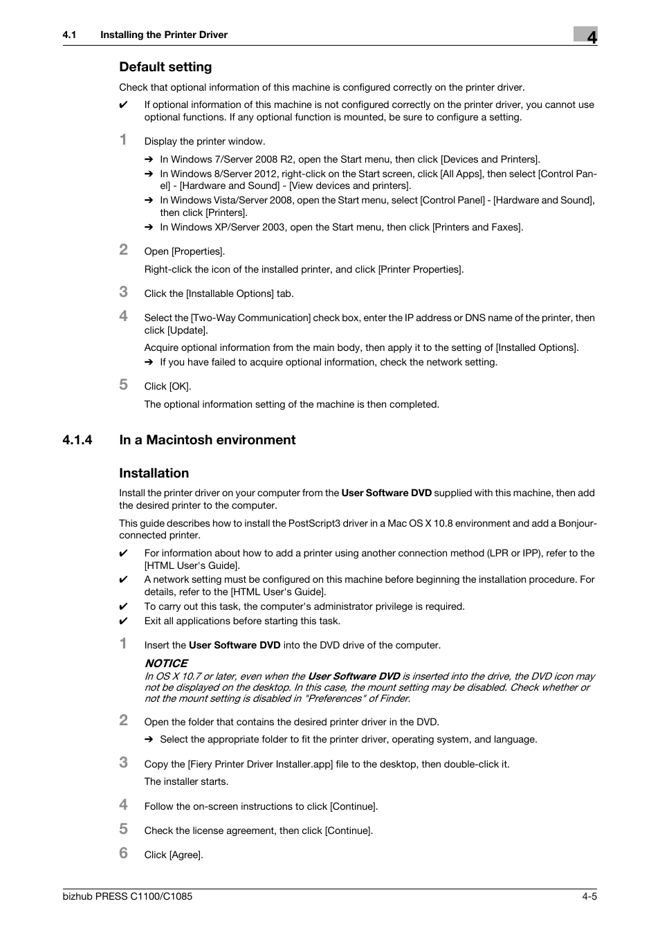 Default setting, 4 in a macintosh environment, Installation | In a macintosh environment -5 | Konica Minolta bizhub PRESS C1085 User Manual | Page 33 / 128