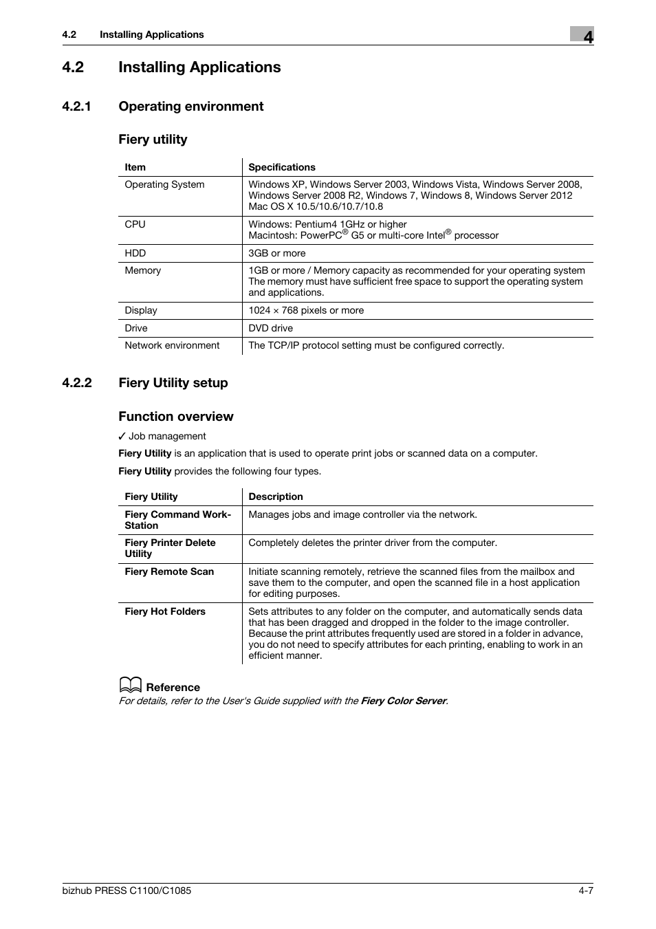 2 installing applications, 1 operating environment, Fiery utility | 2 fiery utility setup, Function overview, Installing applications -7, Operating environment -7, Fiery utility setup -7 | Konica Minolta bizhub PRESS C1085 User Manual | Page 35 / 128