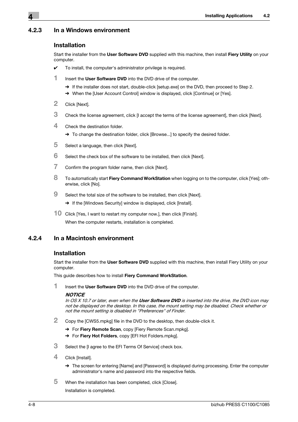 3 in a windows environment, Installation, 4 in a macintosh environment | In a windows environment -8, In a macintosh environment -8 | Konica Minolta bizhub PRESS C1085 User Manual | Page 36 / 128