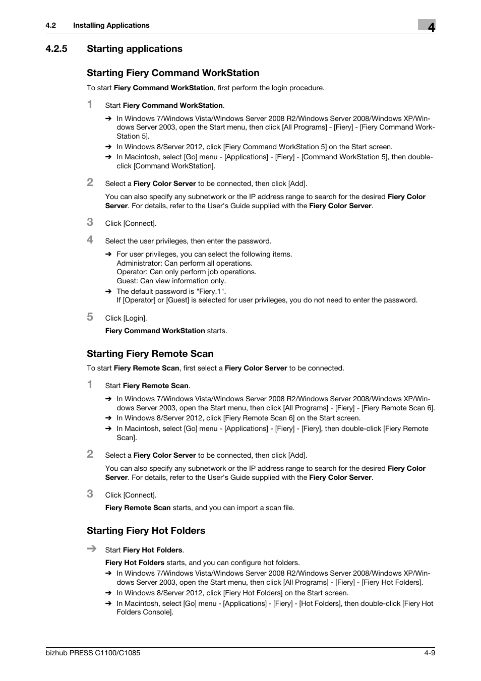 5 starting applications, Starting fiery command workstation, Starting fiery remote scan | Starting fiery hot folders, Starting applications -9 | Konica Minolta bizhub PRESS C1085 User Manual | Page 37 / 128