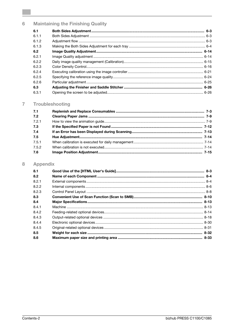 6maintaining the finishing quality, 7troubleshooting, 8appendix | Konica Minolta bizhub PRESS C1085 User Manual | Page 4 / 128