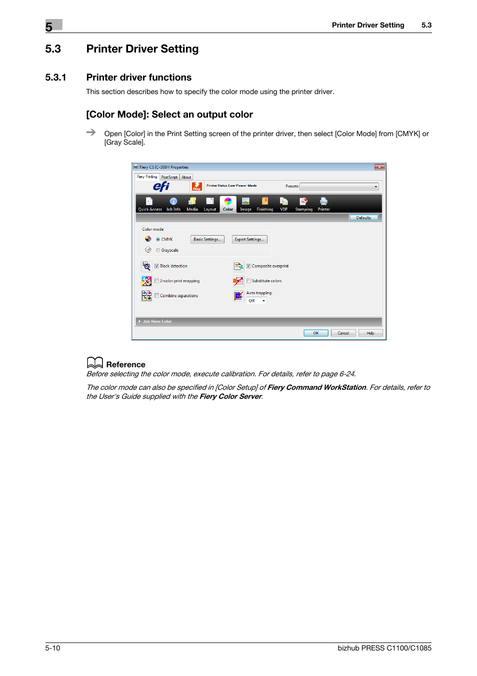 3 printer driver setting, 1 printer driver functions, Color mode]: select an output color | Printer driver setting -10, Printer driver functions -10 | Konica Minolta bizhub PRESS C1085 User Manual | Page 48 / 128