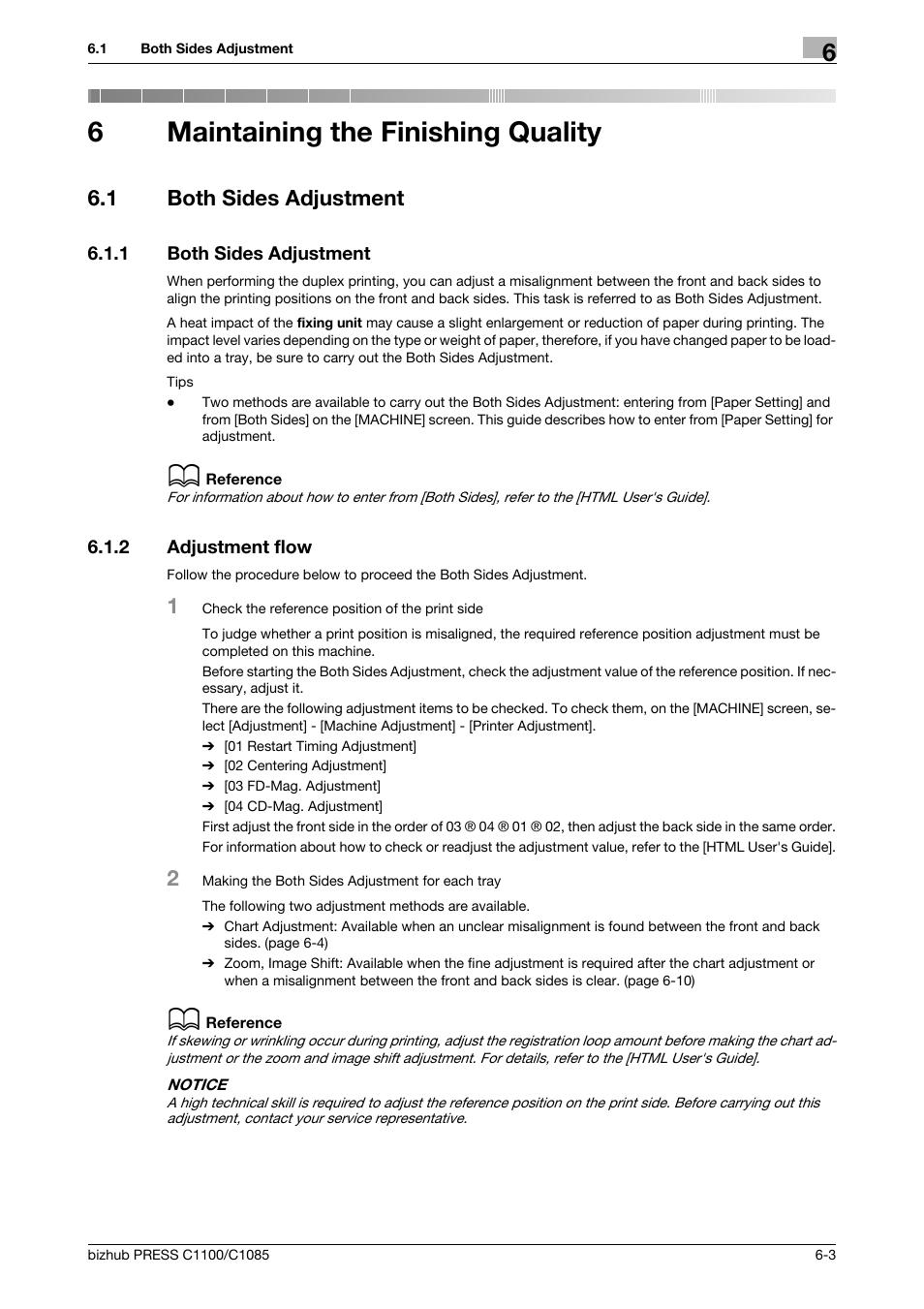 6 maintaining the finishing quality, 1 both sides adjustment, 2 adjustment flow | Maintaining the finishing quality, Both sides adjustment -3, Adjustment flow -3, 6maintaining the finishing quality | Konica Minolta bizhub PRESS C1085 User Manual | Page 53 / 128