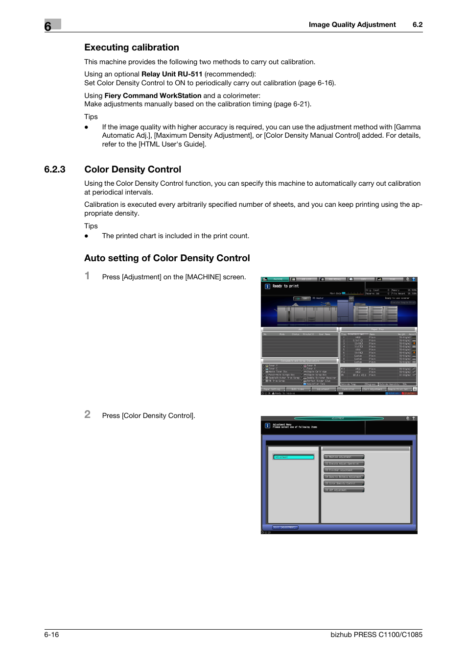 Executing calibration, 3 color density control, Auto setting of color density control | Color density control -16 | Konica Minolta bizhub PRESS C1085 User Manual | Page 66 / 128