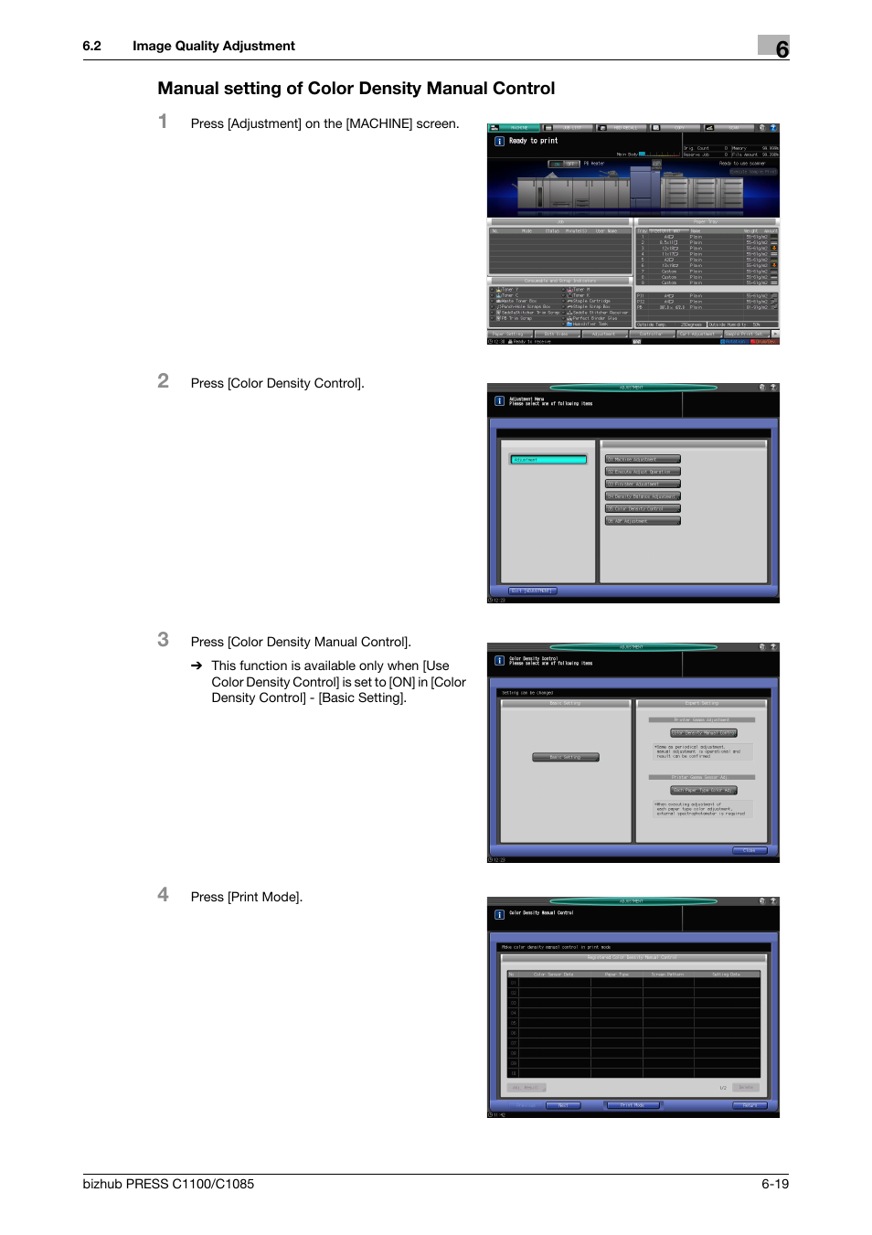 Manual setting of color density manual control | Konica Minolta bizhub PRESS C1085 User Manual | Page 69 / 128