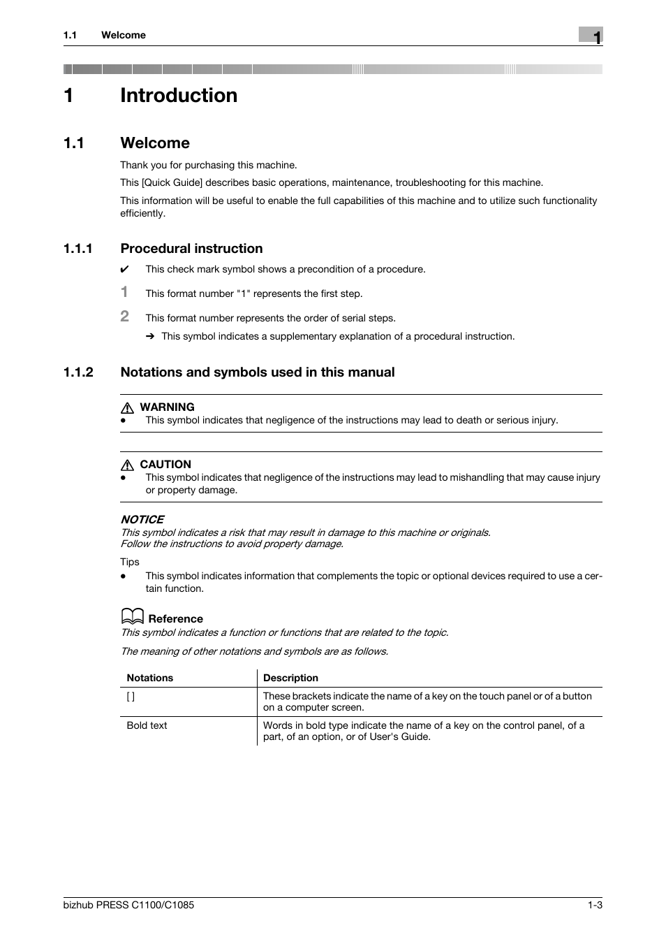 1 introduction, 1 welcome, 1 procedural instruction | 2 notations and symbols used in this manual, Introduction, Welcome -3, Procedural instruction -3, Notations and symbols used in this manual -3, 1introduction | Konica Minolta bizhub PRESS C1085 User Manual | Page 7 / 128