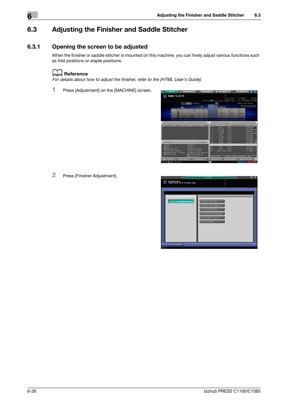 3 adjusting the finisher and saddle stitcher, 1 opening the screen to be adjusted, Adjusting the finisher and saddle stitcher -26 | Opening the screen to be adjusted -26 | Konica Minolta bizhub PRESS C1085 User Manual | Page 76 / 128
