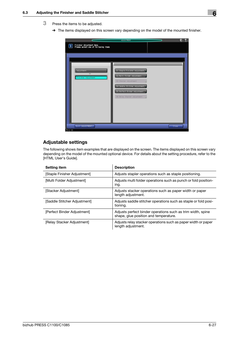 Adjustable settings | Konica Minolta bizhub PRESS C1085 User Manual | Page 77 / 128