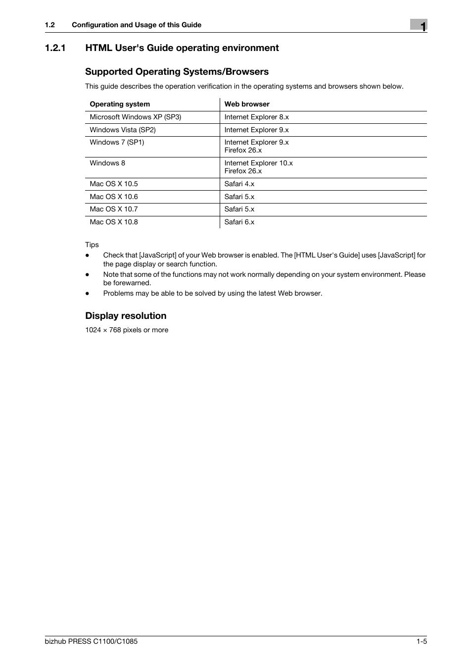 1 html user's guide operating environment, Supported operating systems/browsers, Display resolution | Html user's guide operating environment -5 | Konica Minolta bizhub PRESS C1085 User Manual | Page 9 / 128