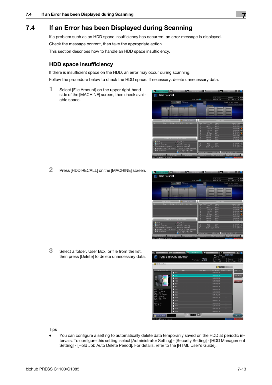 4 if an error has been displayed during scanning, Hdd space insufficiency, If an error has been displayed during scanning -13 | Konica Minolta bizhub PRESS C1085 User Manual | Page 91 / 128