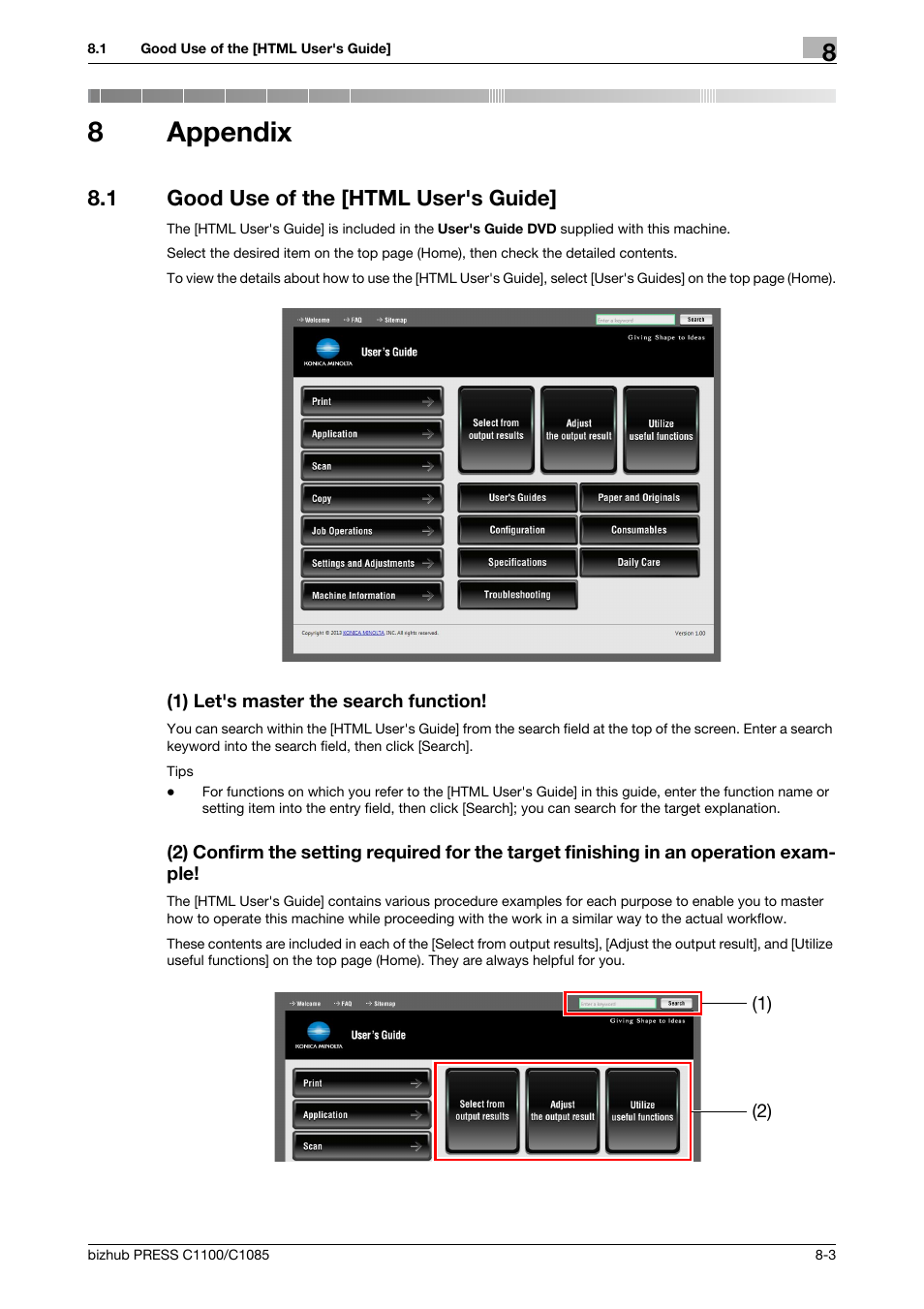 8 appendix, 1 good use of the [html user's guide, 1) let's master the search function | Appendix, Good use of the [html user's guide] -3, 8appendix | Konica Minolta bizhub PRESS C1085 User Manual | Page 97 / 128