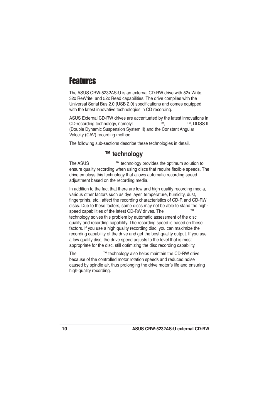 Features, Flextraspeed ™ technology | Asus External CD-RW CRW-5232AS-U User Manual | Page 10 / 52