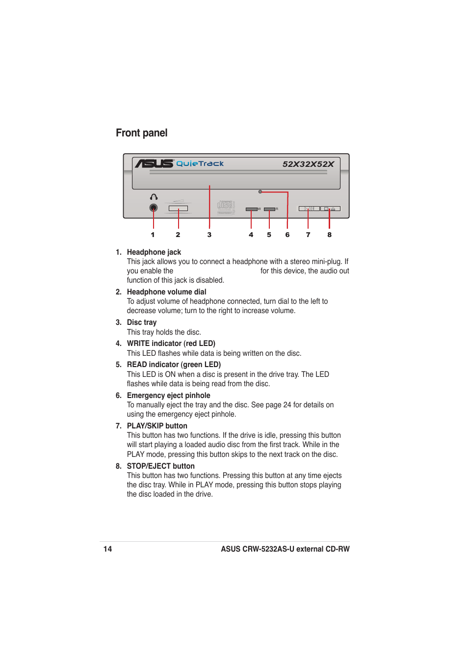 Front panel | Asus External CD-RW CRW-5232AS-U User Manual | Page 14 / 52