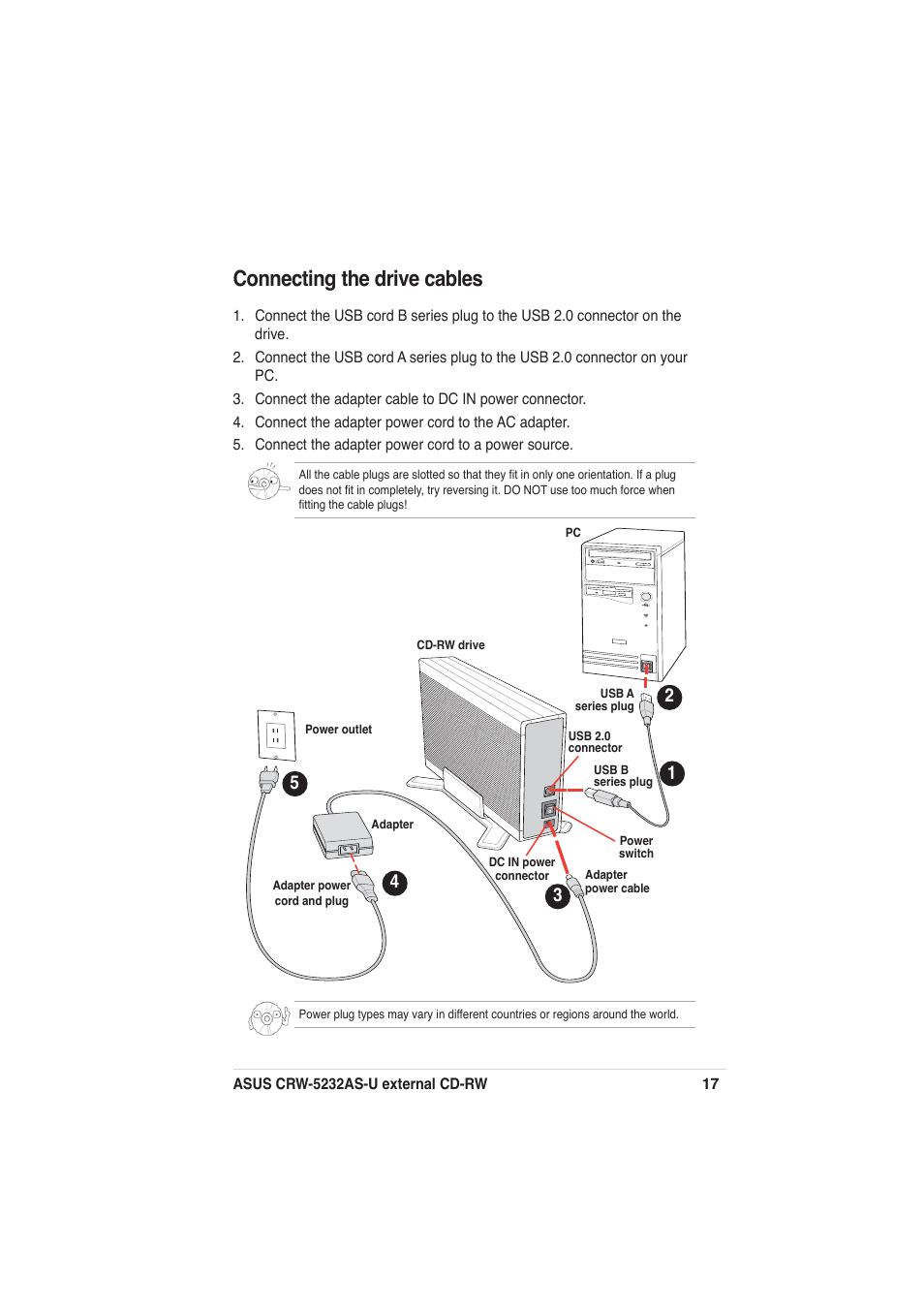 Connecting the drive cables | Asus External CD-RW CRW-5232AS-U User Manual | Page 17 / 52