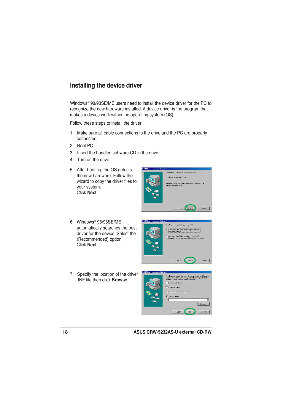 Installing the device driver | Asus External CD-RW CRW-5232AS-U User Manual | Page 18 / 52