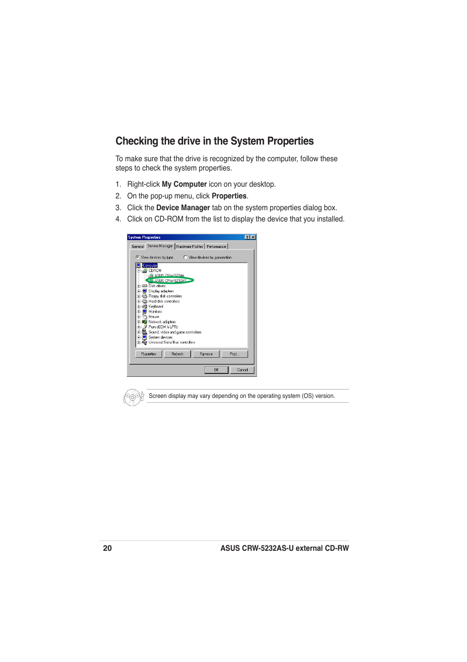 Checking the drive in the system properties | Asus External CD-RW CRW-5232AS-U User Manual | Page 20 / 52