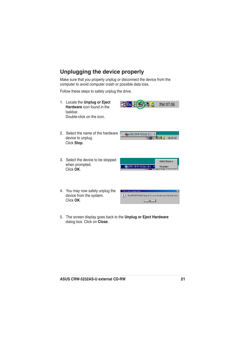 Unplugging the device properly | Asus External CD-RW CRW-5232AS-U User Manual | Page 21 / 52