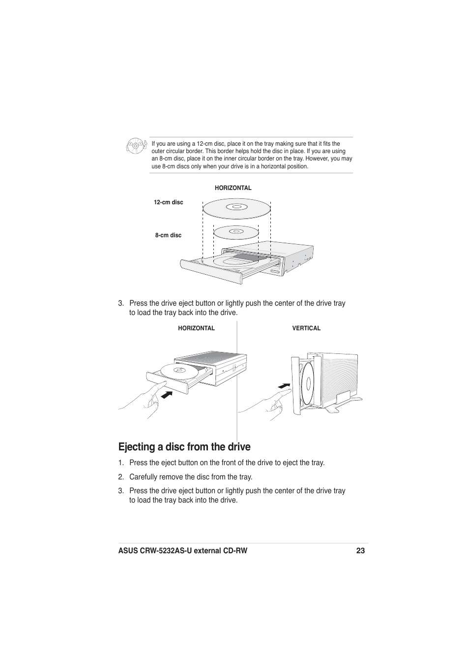 Ejecting a disc from the drive | Asus External CD-RW CRW-5232AS-U User Manual | Page 23 / 52