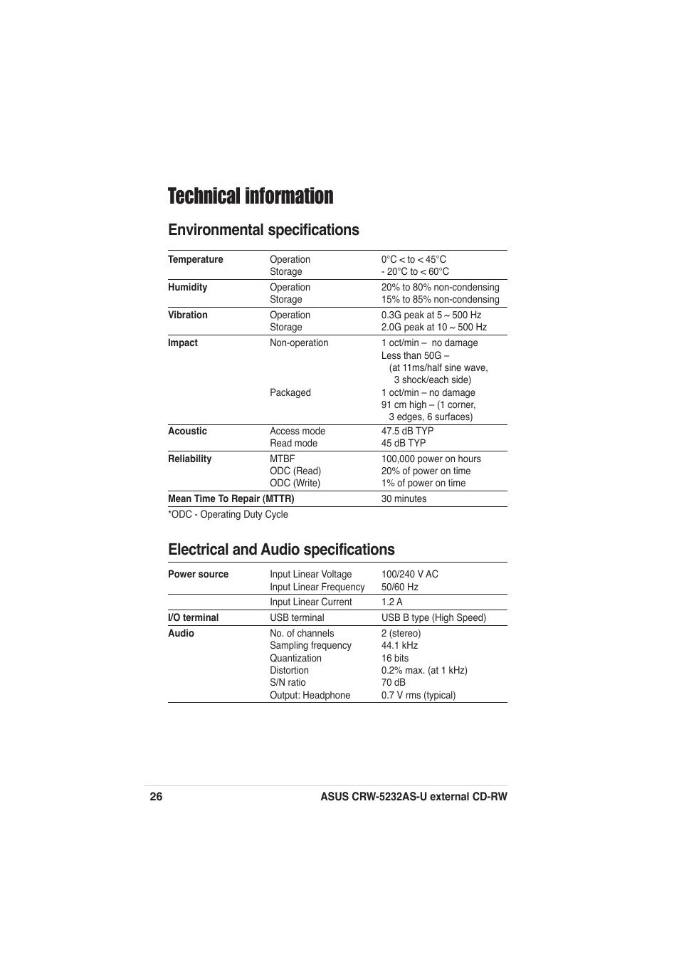 Technical information, Environmental specifications, Electrical and audio specifications | Asus External CD-RW CRW-5232AS-U User Manual | Page 26 / 52