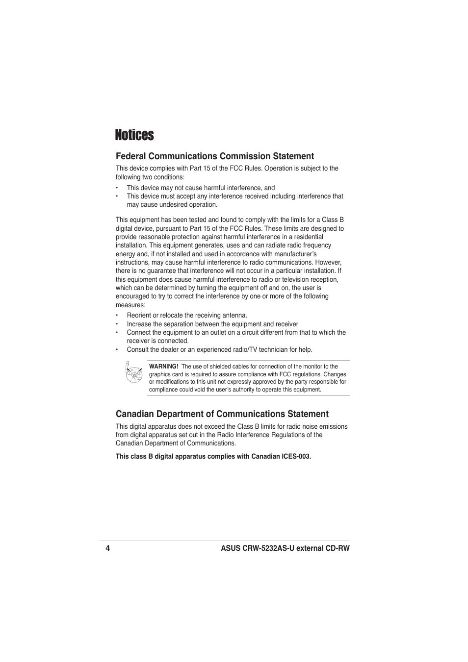 Notices, Federal communications commission statement, Canadian department of communications statement | Asus External CD-RW CRW-5232AS-U User Manual | Page 4 / 52