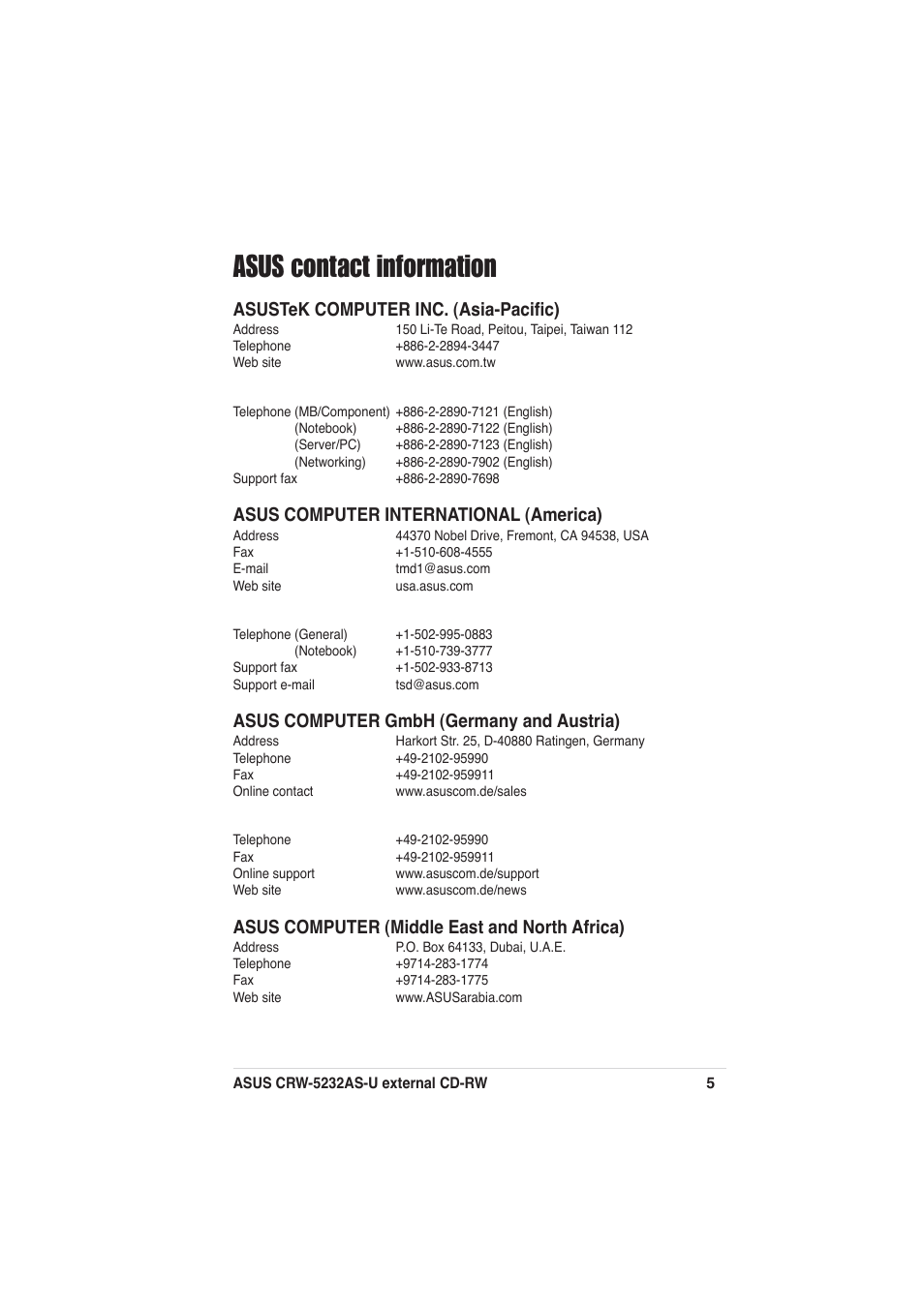 Asus contact information, Asustek computer inc. (asia-pacific), Asus computer international (america) | Asus computer gmbh (germany and austria), Asus computer (middle east and north africa) | Asus External CD-RW CRW-5232AS-U User Manual | Page 5 / 52