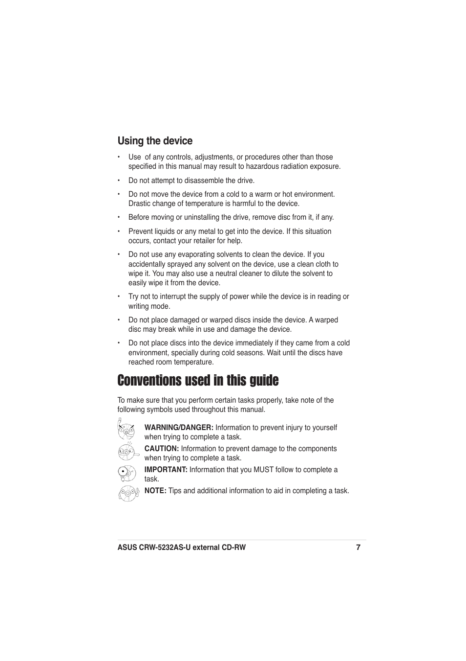 Conventions used in this guide, Using the device | Asus External CD-RW CRW-5232AS-U User Manual | Page 7 / 52