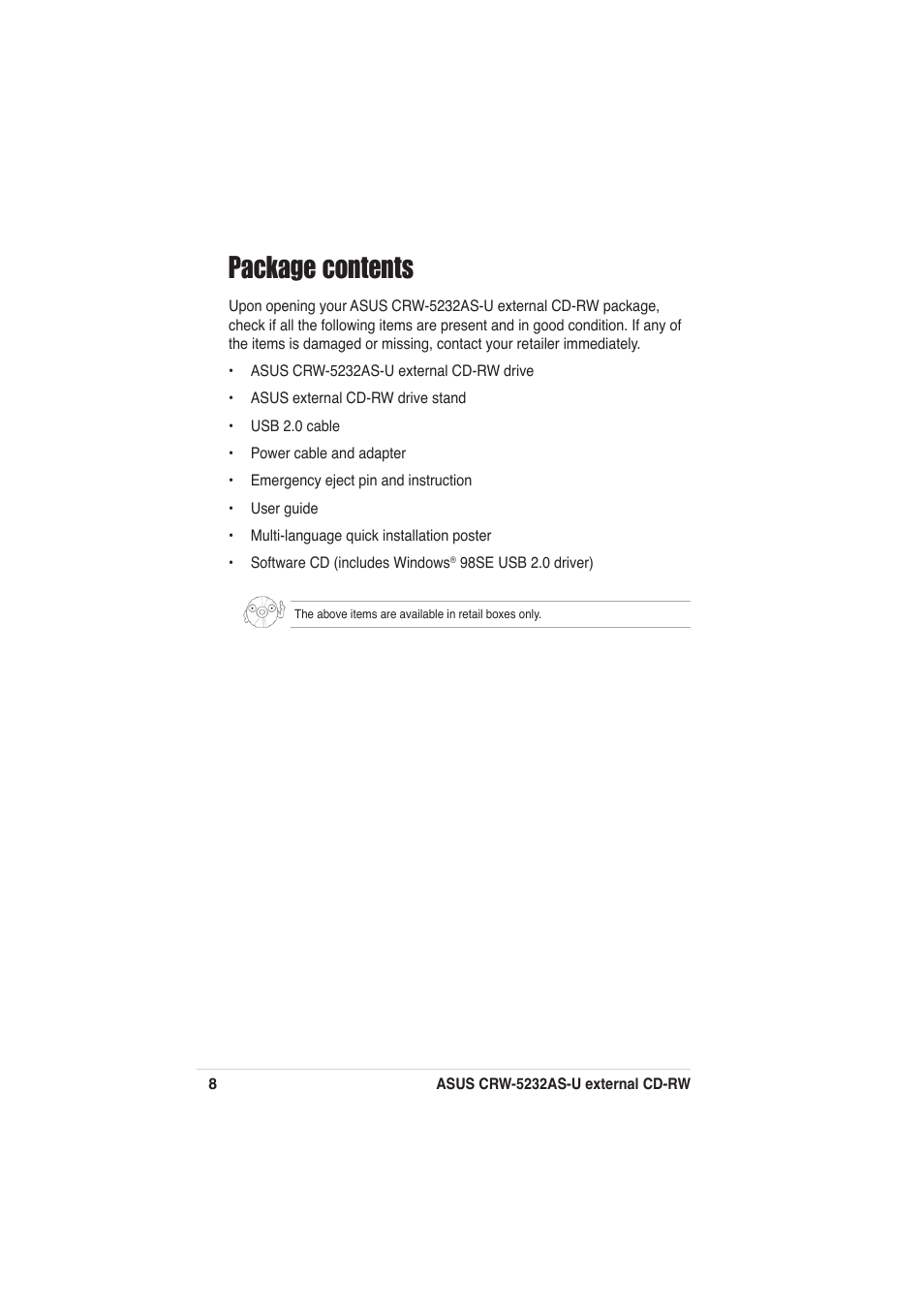 Package contents | Asus External CD-RW CRW-5232AS-U User Manual | Page 8 / 52