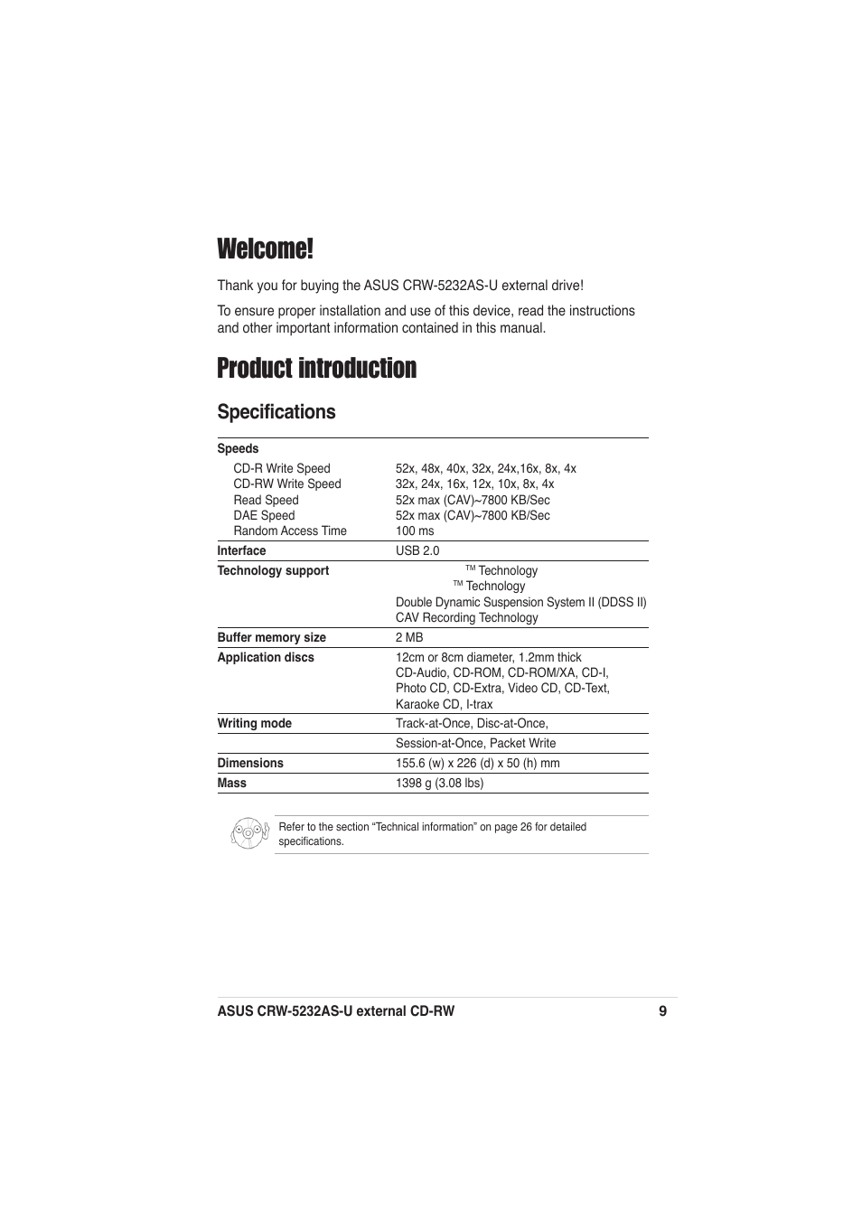 Welcome, Product introduction, Specifications | Asus External CD-RW CRW-5232AS-U User Manual | Page 9 / 52