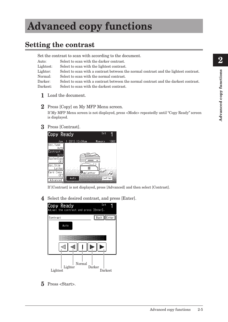 Advanced copy functions, Setting the contrast, Advanced copy functions -5 | Setting the contrast -5, Setting the | Konica Minolta bizhub 25e User Manual | Page 20 / 46