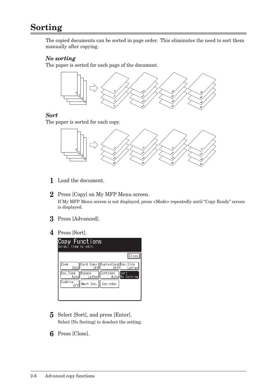 Sorting, Sorting -6, No sorting | Sort | Konica Minolta bizhub 25e User Manual | Page 21 / 46