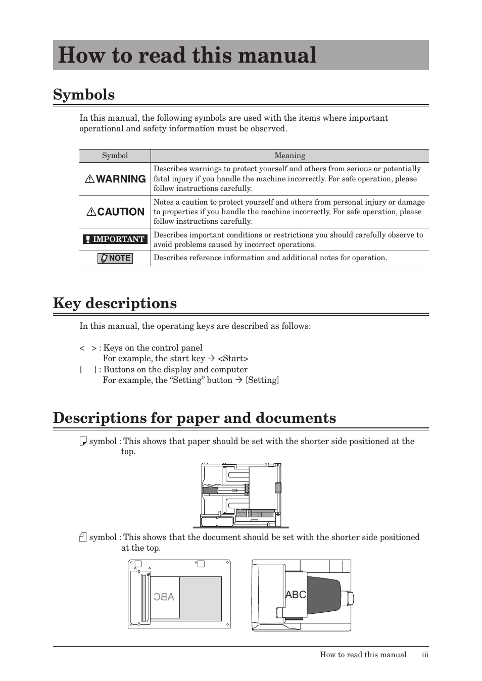 How to read this manual, Symbols, Key descriptions | Descriptions for paper and documents | Konica Minolta bizhub 25e User Manual | Page 4 / 46