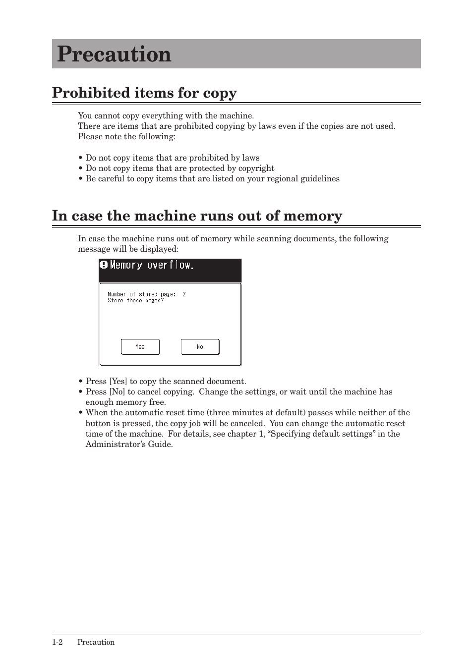 Precaution, Prohibited items for copy, In case the machine runs out of memory | Precaution -2 | Konica Minolta bizhub 25e User Manual | Page 7 / 46
