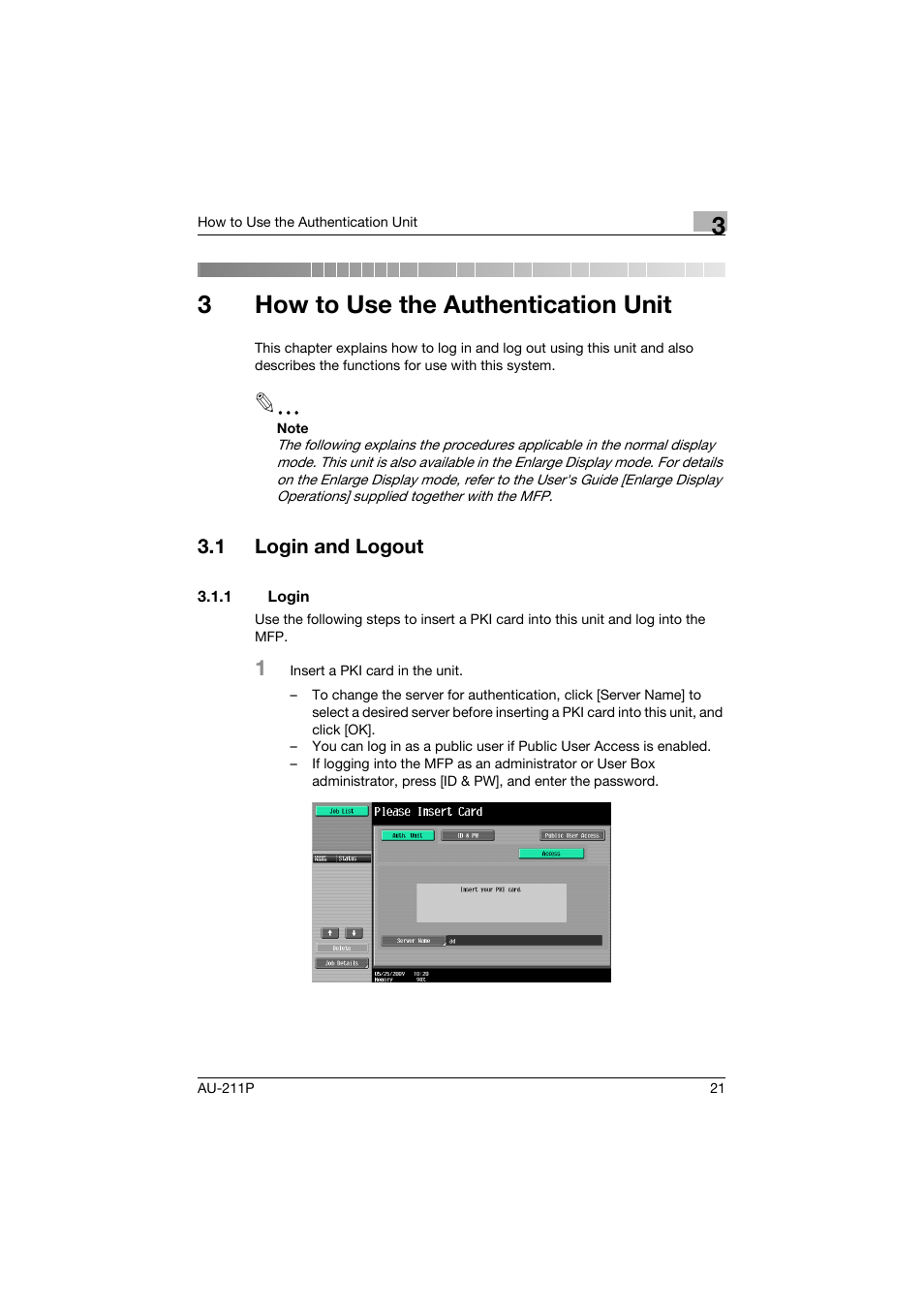 3 how to use the authentication unit, 1 login and logout, 1 login | How to use the authentication unit, Login and logout, Login, 3how to use the authentication unit | Konica Minolta bizhub 552 User Manual | Page 22 / 65