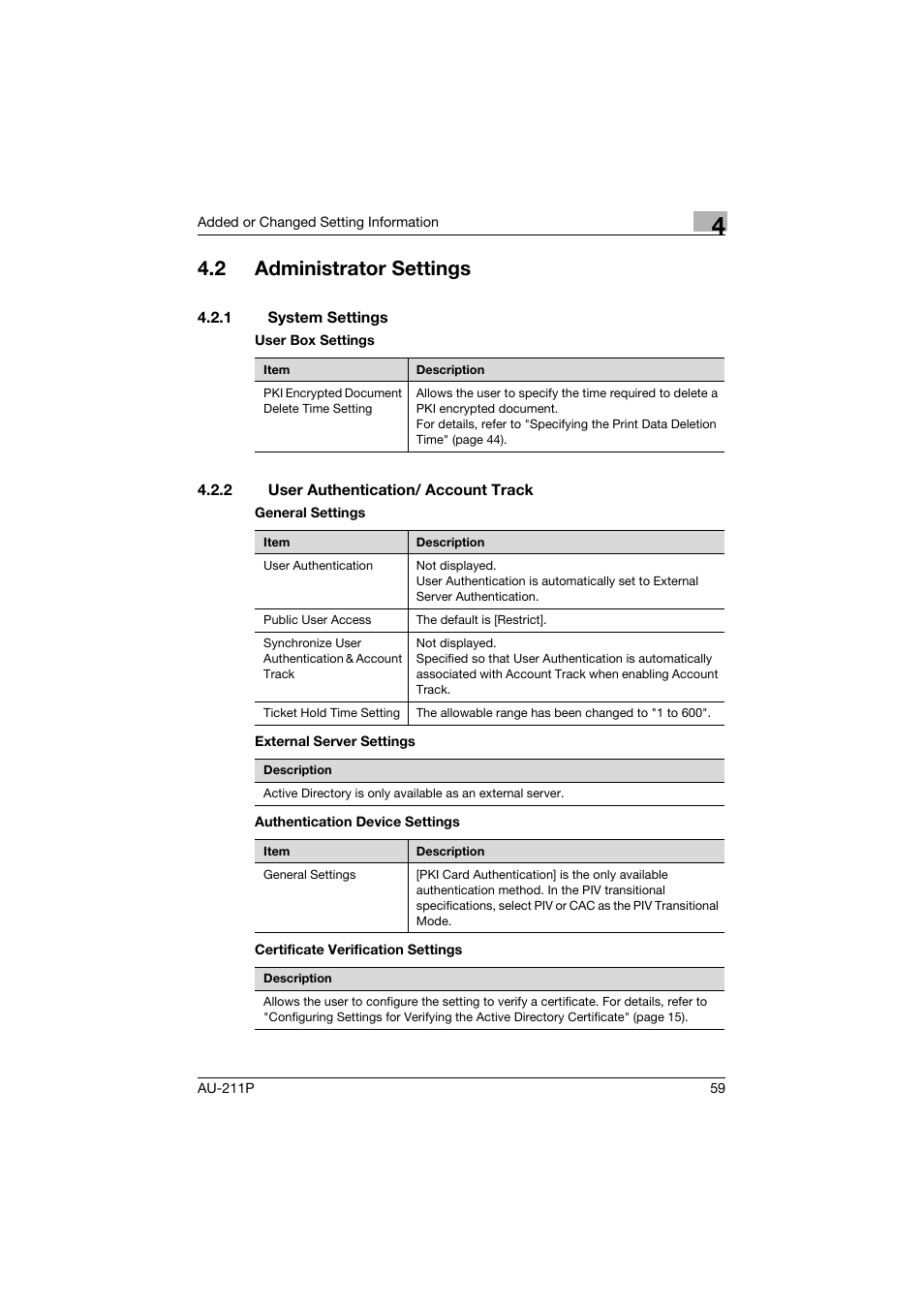 2 administrator settings, 1 system settings, 2 user authentication/ account track | Administrator settings, System settings, User authentication/ account track | Konica Minolta bizhub 552 User Manual | Page 60 / 65