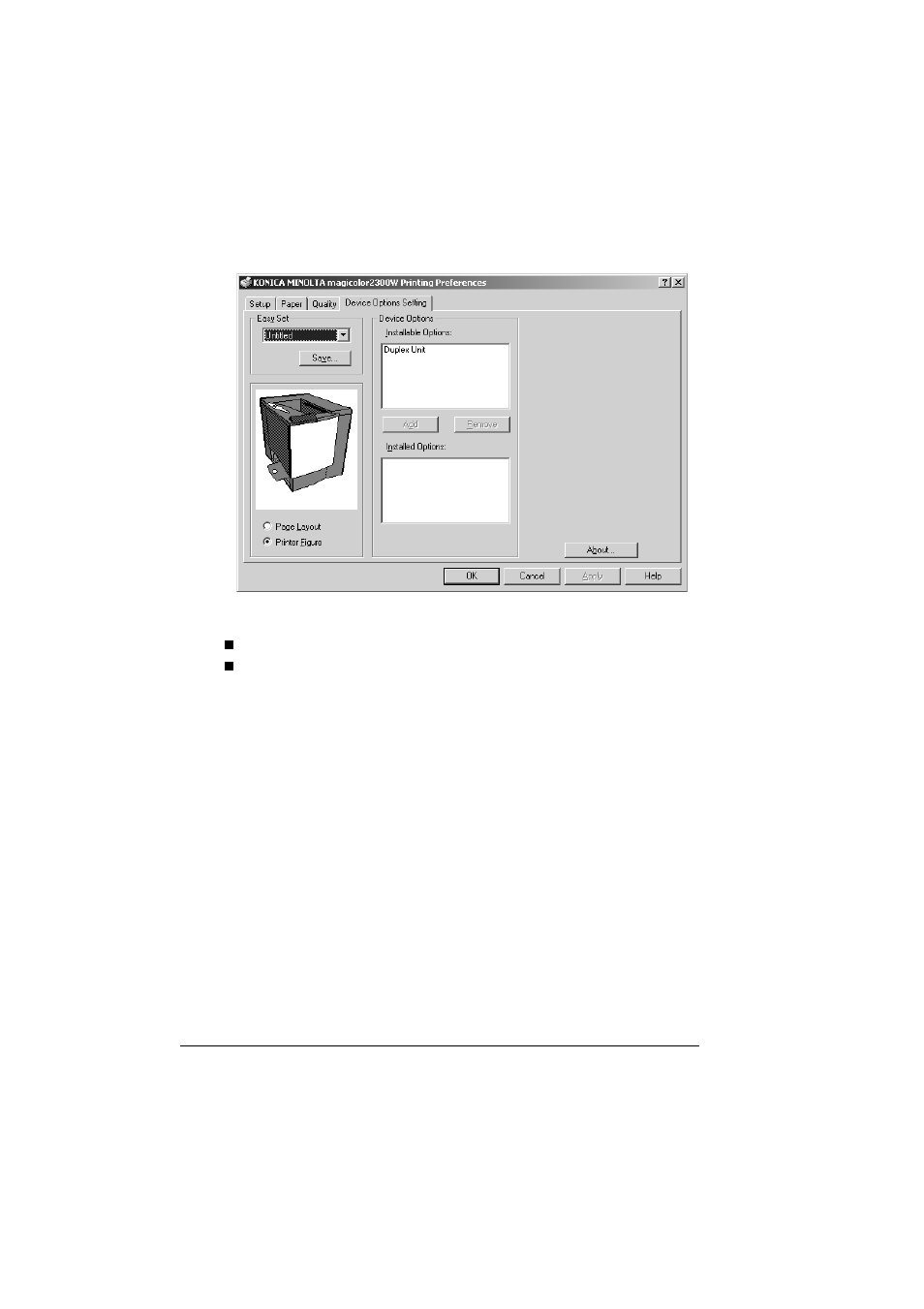 Device options setting tab | Konica Minolta MAGICOLOR 2300 User Manual | Page 46 / 156