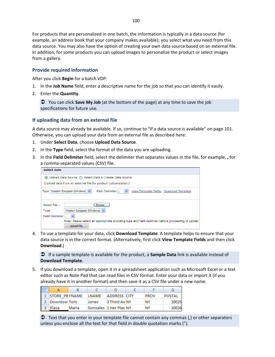 Provide required information, If uploading data from an external file | Konica Minolta Digital StoreFront User Manual | Page 100 / 127