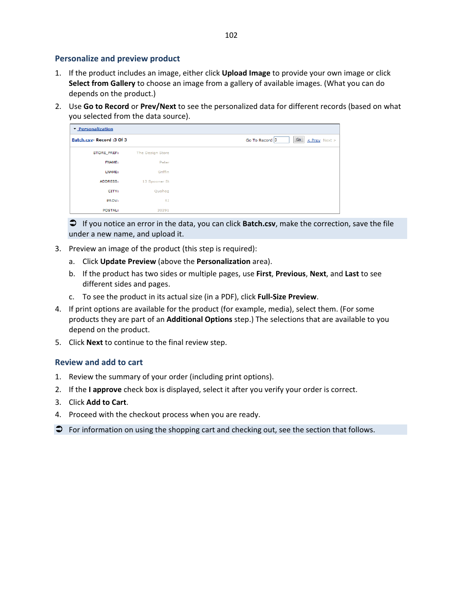 Personalize and preview product, Review and add to cart | Konica Minolta Digital StoreFront User Manual | Page 102 / 127