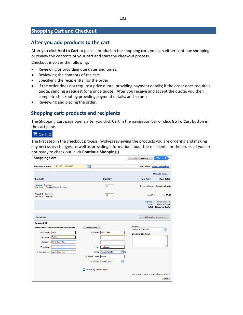 Shopping cart and checkout, After you add products to the cart, Shopping cart: products and recipients | Shopping cart and, Checkout | Konica Minolta Digital StoreFront User Manual | Page 103 / 127