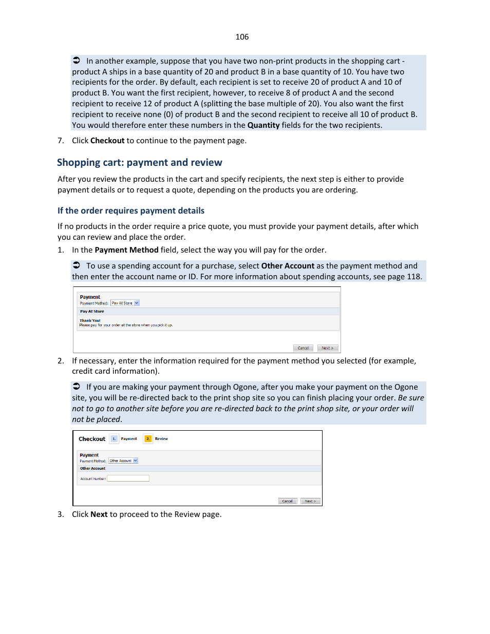 Shopping cart: payment and review, If the order requires payment details | Konica Minolta Digital StoreFront User Manual | Page 106 / 127