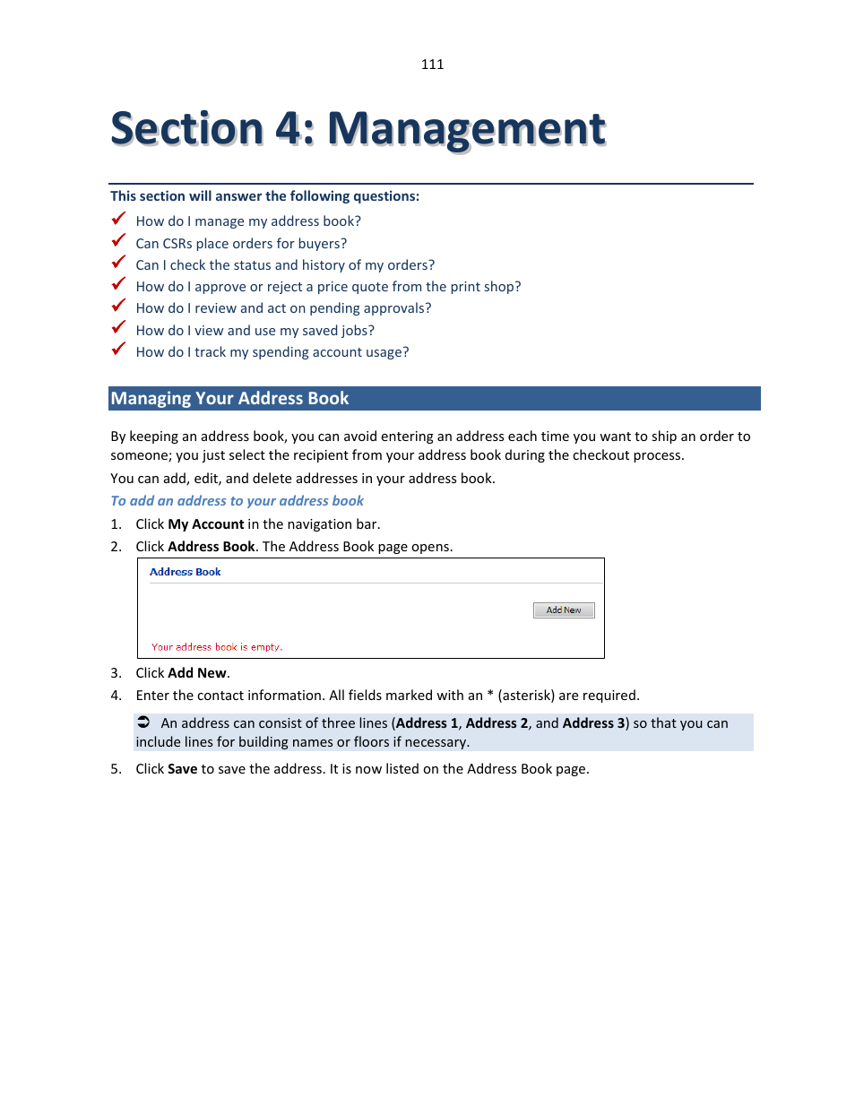 Section 4: management, Managing your address book | Konica Minolta Digital StoreFront User Manual | Page 111 / 127