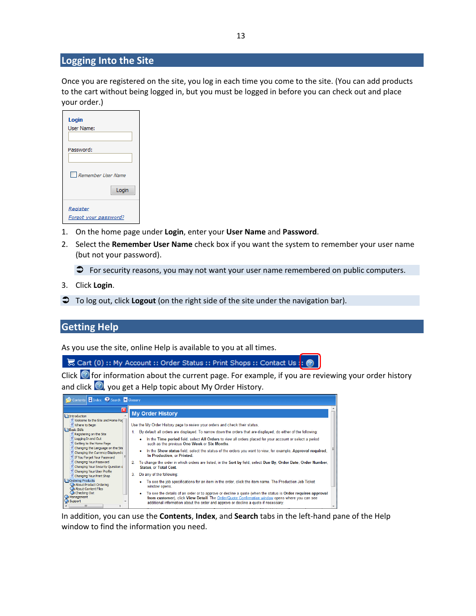 Logging into the site, Getting help | Konica Minolta Digital StoreFront User Manual | Page 13 / 127