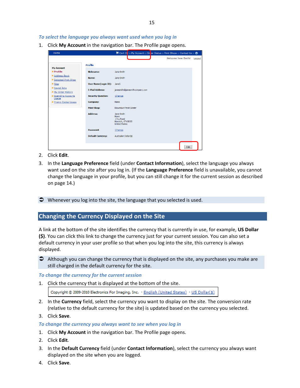Changing the currency displayed on the site | Konica Minolta Digital StoreFront User Manual | Page 15 / 127