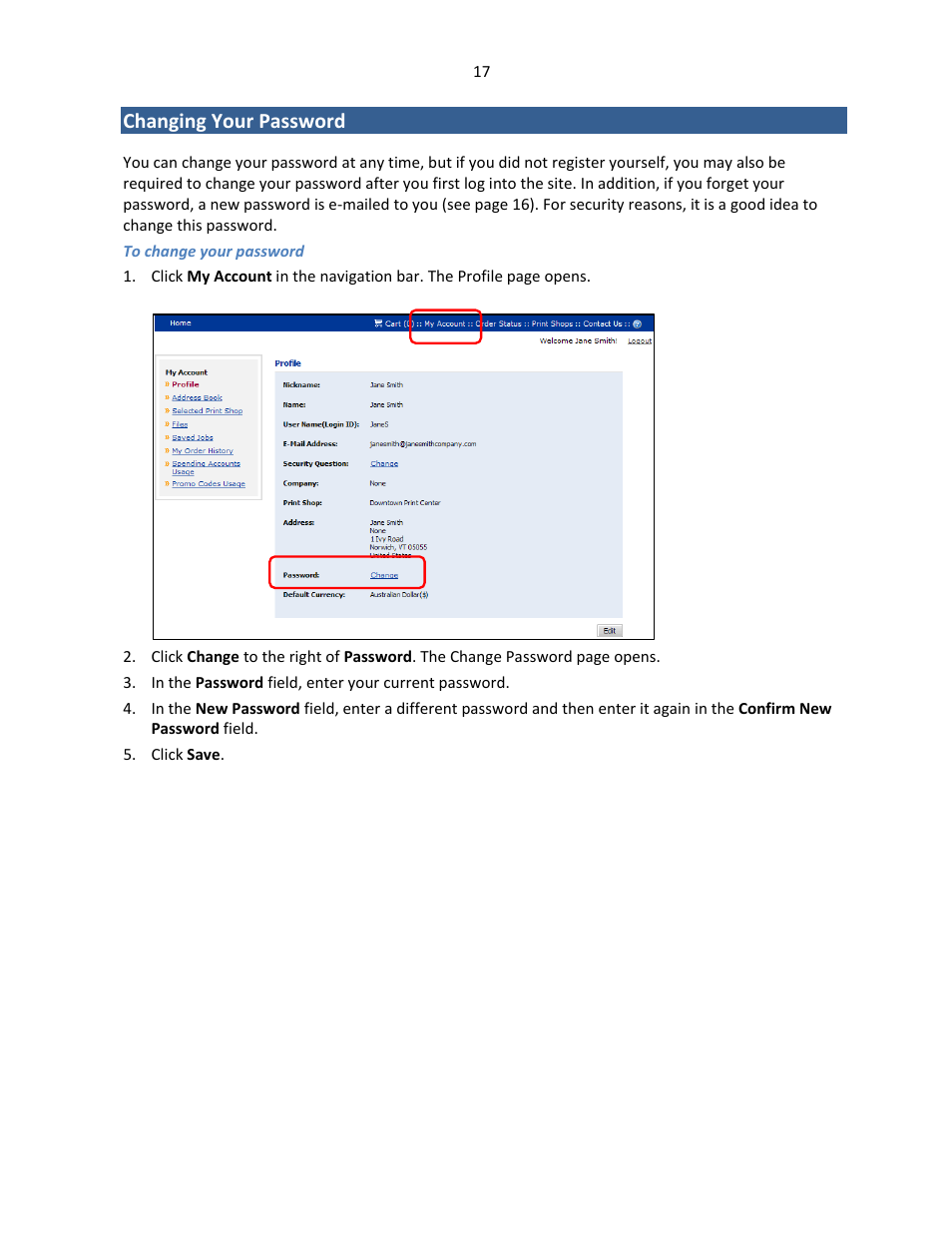 Changing your password | Konica Minolta Digital StoreFront User Manual | Page 17 / 127