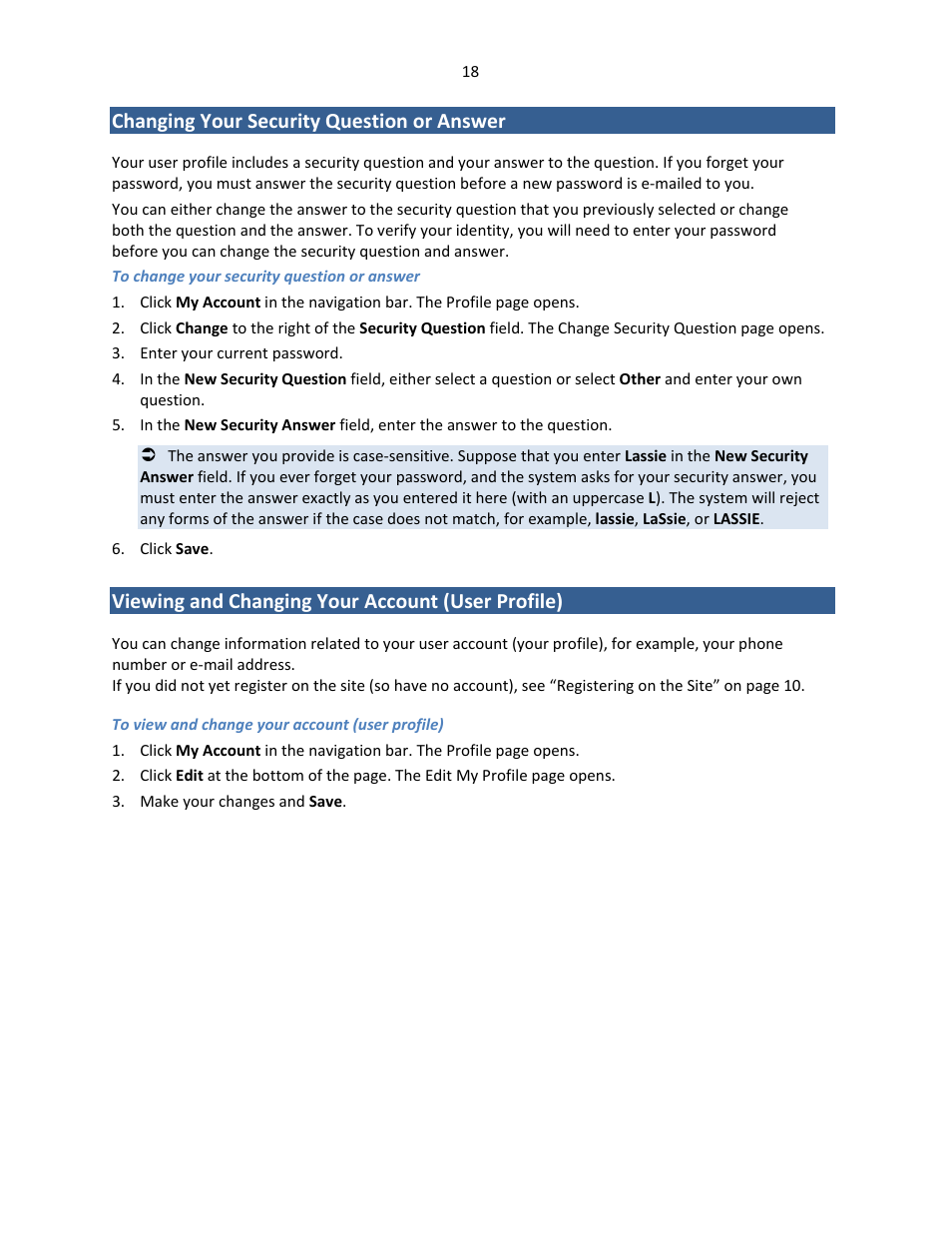 Changing your security question or answer, Viewing and changing your account (user profile) | Konica Minolta Digital StoreFront User Manual | Page 18 / 127