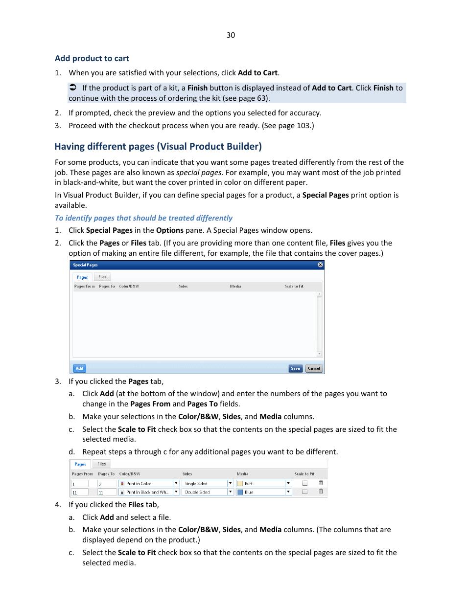 Add product to cart, Ee “having different, Ge 30.) | Having different pages (visual product builder) | Konica Minolta Digital StoreFront User Manual | Page 30 / 127