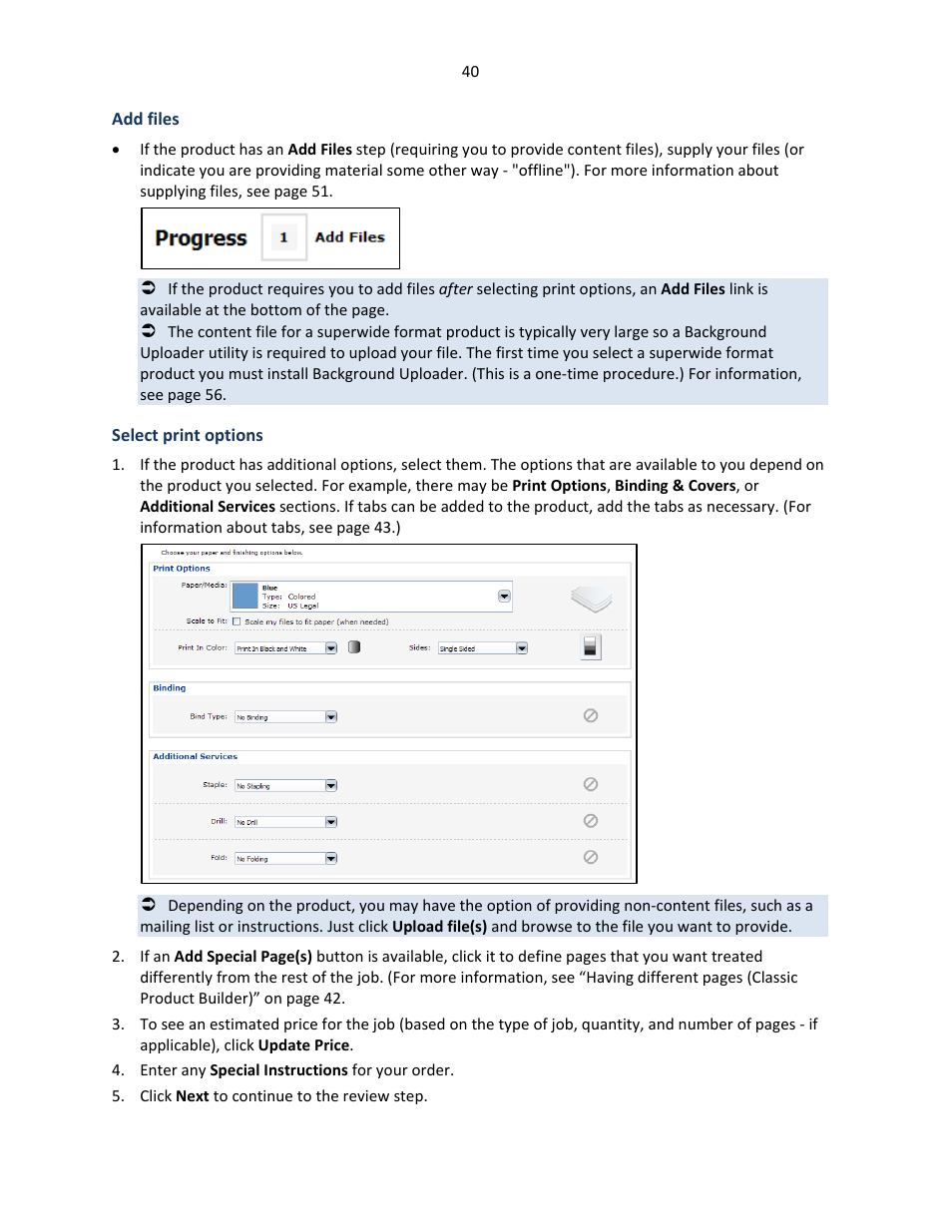 Add files, Select print options | Konica Minolta Digital StoreFront User Manual | Page 40 / 127
