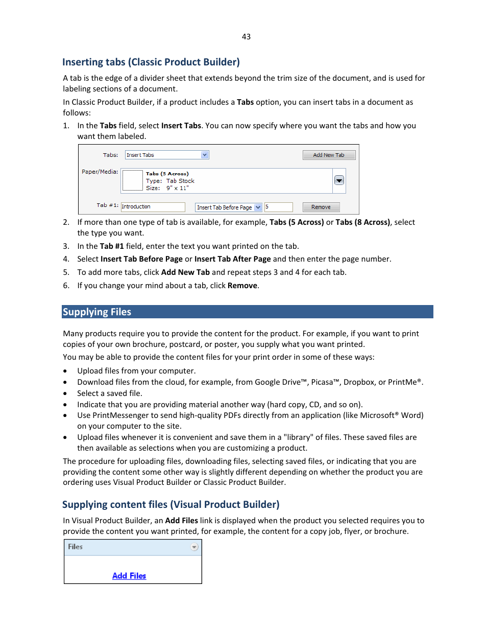 Inserting tabs (classic product builder), Supplying files, Supplying content files (visual product builder) | Konica Minolta Digital StoreFront User Manual | Page 43 / 127