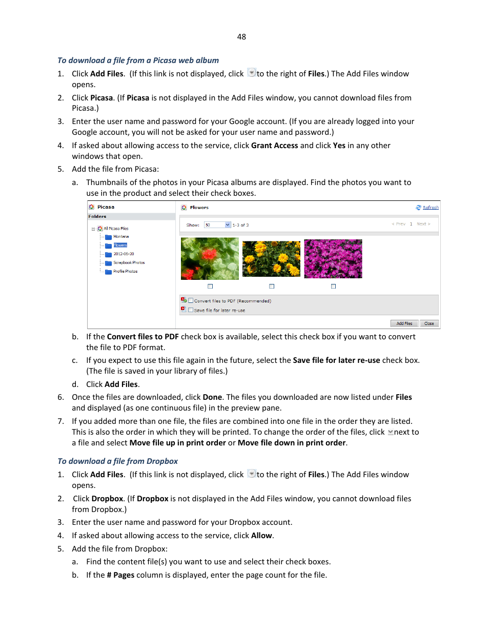 To download a file from a picasa web album, To download a file from dropbox, Ge 48) | Konica Minolta Digital StoreFront User Manual | Page 48 / 127