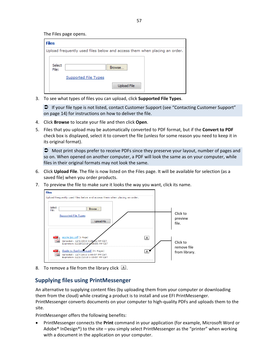 Supplying files using printmessenger, Ge 57 | Konica Minolta Digital StoreFront User Manual | Page 57 / 127